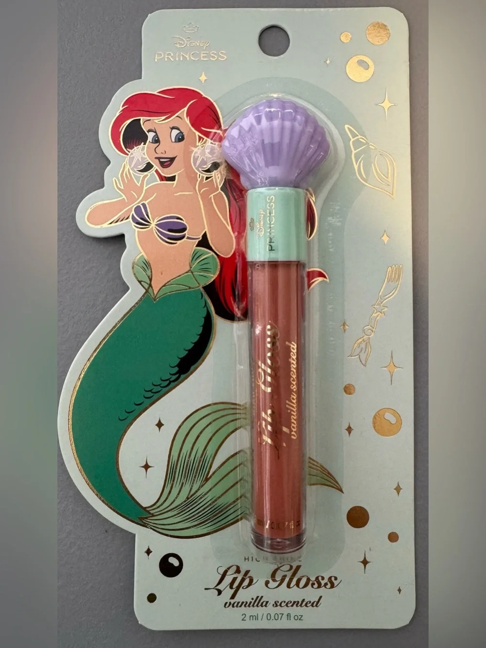 Disney Princess Ariel Shell Cap Lip Gloss vanilla scented Brownish Pink mermaid